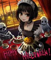 Rule 34 | !, 1girl, black hair, brown eyes, cake, choker, cloud, cross, cup, curtains, english text, eyeball, fang, food, fork, frills, ghost, graveyard, halloween, happy halloween, indoors, jack-o&#039;-lantern, lace-trimmed sleeves, lace trim, lamp, looking at viewer, looking to the side, multicolored hair, orange sky, original, pink hair, plate, puffy short sleeves, puffy sleeves, pumpkin, saucer, short hair, short sleeves, skeleton, sky, solo, stitches, streaked hair, sun, table, tea, tea set, teacup, teapot, tombstone, twilight, ume (illegal bible), upper body, waitress, window