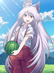 Rule 34 | 1girl, bare arms, blue sky, bow, cloud, cloudy sky, collared shirt, day, dress shirt, food, fruit, fujiwara no mokou, hair bow, highres, holding, holding food, holding fruit, long hair, looking at viewer, nurupo (abooon), open mouth, outdoors, pants, red eyes, shirt, sky, smile, solo, suspenders, torn clothes, torn shirt, touhou, very long hair, watermelon, white hair, white shirt, wing collar