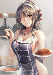 Rule 34 | 1girl, adapted costume, apron, ashigara (kancolle), blush, breasts, brown eyes, brown hair, cowboy shot, hair between eyes, highres, kantai collection, kokuzou, large breasts, long hair, naked apron, one eye closed, plate, purple apron, rice, smile, solo