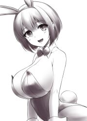 Rule 34 | 1girl, animal ears, bob cut, bow, bowtie, breasts, character request, cleavage, cowboy shot, detached collar, greyscale, idolmaster, large breasts, leotard, looking at viewer, monochrome, pantyhose, pataneet, playboy bunny, rabbit ears, rabbit tail, short hair, solo, tail, wrist cuffs