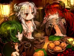 Rule 34 | 3girls, animal hands, apple, blue eyes, blush, breasts, cheese, closed eyes, closed mouth, eating, food, from side, fruit, grapes, green hair, grey hair, holding, komota (kanyou shoujo), looking at viewer, looking to the side, multiple girls, original, parted lips, red apple, red eyes, sitting, small breasts, smile