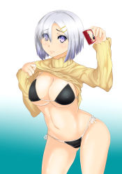 Rule 34 | 10s, 1girl, bikini, bikini under clothes, black bikini, blush, breasts, camera, cleavage, clothes lift, covered erect nipples, female focus, ginga (tugu), hair ornament, hairclip, hamakaze (kancolle), kantai collection, large breasts, navel, purple eyes, selfie, shirt, shirt lift, short hair, silver hair, smile, solo, standing, sweater, sweater lift, swimsuit, swimsuit under clothes