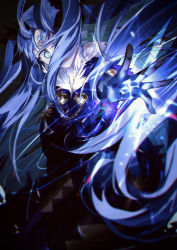 Rule 34 | 1girl, absurdres, blue bodysuit, blue cloak, blue eyes, blue hair, bodysuit, cloak, crescent, crescent facial mark, facial mark, fate/grand order, fate (series), forehead mark, fur-trimmed cloak, fur collar, fur trim, glowing, glowing eye, gold trim, hair over one eye, hair ribbon, highres, horns, ishtar (fate), light blue hair, long hair, looking at viewer, official alternate costume, official alternate hair color, parted bangs, parted lips, purple bodysuit, purple cloak, ribbon, ringed eyes, shong, solo, space ishtar (astarte origin) (fate), space ishtar (fate), star-shaped pupils, star (symbol), symbol-shaped pupils, two side up, upper body, very long hair