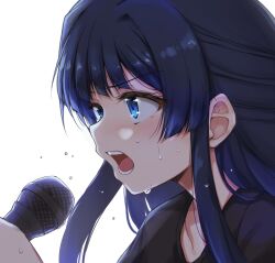 Rule 34 | 1girl, black shirt, blue eyes, blue hair, blush, commentary request, hand up, holding, holding microphone, idolmaster, idolmaster million live!, idolmaster million live! theater days, lockheart, microphone, mogami shizuka, open mouth, shirt, simple background, solo, sweat, upper body, white background