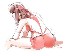 Rule 34 | 1girl, ass, brown eyes, brown hair, closed mouth, commentary, ei (akinosakae), elbow pads, from behind, girls und panzer, headband, kondou taeko, leaning to the side, medium hair, motion lines, one-hour drawing challenge, red headband, red shirt, red shorts, shirt, short shorts, shorts, simple background, single vertical stripe, sleeveless, sleeveless shirt, solo, split, sportswear, stretching, twitter username, volleyball uniform, white background