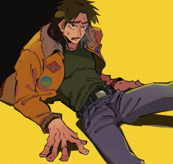 Rule 34 | 1boy, belt, black background, black belt, black eyes, black hair, black shirt, bomber jacket, brown jacket, commentary request, feet out of frame, grey pants, highres, inudori, itou kaiji, jacket, kaiji, long hair, long sleeves, looking at viewer, male focus, medium bangs, open clothes, open jacket, open mouth, pants, parted bangs, shirt, simple background, sitting, solo, two-tone background, yellow background