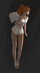 Rule 34 | 1girl, brown hair, collarbone, concept art, dress, full body, grey background, highres, hunting era, leaning forward, looking afar, looking to the side, ponytail, sangsoo jeong, simple background, solo, standing, white dress, white footwear, wings