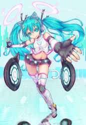 Rule 34 | 1girl, aqua eyes, aqua hair, boots, crop top, crop top overhang, elbow gloves, fingerless gloves, foreshortening, full body, gloves, hatsune miku, headphones, long hair, midriff, navel, outstretched arm, outstretched hand, shennai misha, skirt, smile, solo, tail, thigh boots, thigh gap, thighhighs, twintails, very long hair, vocaloid
