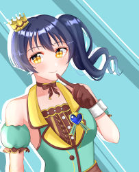 Rule 34 | 1girl, alternate hairstyle, aqua dress, artist name, artist request, bare shoulders, blue hair, blush, bow, breasts, brown bow, brown gloves, collarbone, crown, dress, drill hair, female focus, frilled dress, frills, gloves, hair between eyes, heart (symbol), highres, jewelry, long hair, looking at viewer, love live!, love live! school idol festival, love live! school idol project, mini crown, bowtie, parted lips, ponytail, puffy short sleeves, puffy sleeves, short sleeves, side ponytail, smile, solo, sonoda umi, upper body, white wrist cuffs, wrist cuffs, yellow eyes