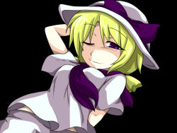 Rule 34 | 1girl, bad id, bad pixiv id, blonde hair, d-so, demon, female focus, hat, hat ribbon, louise (touhou), mystic square, necktie, one eye closed, purple eyes, ribbon, short hair, short sleeves, simple background, smile, solo, touhou, touhou (pc-98), wink