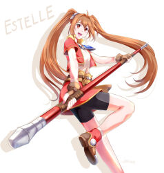 Rule 34 | 1girl, ahoge, antenna hair, bike shorts, bike shorts under skirt, brown eyes, brown gloves, brown hair, cropped jacket, double-parted bangs, eiyuu densetsu, english text, estelle bright, fingerless gloves, floating hair, gloves, hair between eyes, holding, holding staff, holding weapon, long hair, looking at viewer, open mouth, shadow, shoes, short sleeves, simple background, smile, sneakers, solo, sora no kiseki, staff, twintails, weapon, white background, xiacheng tatsuya