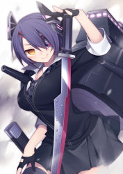 Rule 34 | 10s, 1girl, :p, bad id, bad pixiv id, black gloves, black hair, black thighhighs, breasts, brown eyes, cleavage, eyepatch, fingerless gloves, gloves, headgear, hijiri (resetter), kantai collection, large breasts, leaning forward, machinery, necktie, pleated skirt, school uniform, short hair, skirt, solo, sword, tenryuu (kancolle), thighhighs, tongue, tongue out, weapon, zettai ryouiki