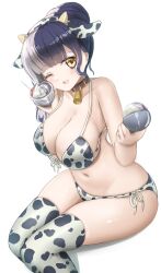 Rule 34 | 1girl, animal ears, animal print, bell, bikini, black hair, breasts, cleavage, cow ears, cow horns, cow print, cow print bikini, cowbell, highres, hololive, hololive english, horns, large breasts, looking at viewer, multicolored hair, print bikini, redundant-cat, shiori novella, simple background, solo, split-color hair, swimsuit, thighhighs, two-tone hair, virtual youtuber, white hair, yellow eyes