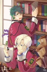 Rule 34 | 2boys, belt, blonde hair, blue eyes, board game, book, bookshelf, chess, closed mouth, collar, eiyuu densetsu, emblem, eyelashes, falcom, flower, glasses, green eyes, green hair, hair between eyes, hand on head, highres, holding, holding book, holding chess piece, indoors, jusis albarea, looking at another, looking at object, machias regnitz, male focus, military, military uniform, multiple boys, open mouth, paper, plant, school uniform, scroll, sen no kiseki, shirt, short hair, sitting, striped clothes, striped shirt, table, teeth, tongue, uniform, window