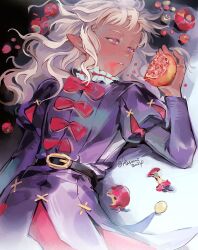 Rule 34 | 1boy, androgynous, apple, belt, blank eyes, blank stare, bow, coin (ornament), dark-skinned male, dark elf, dark skin, dungeon meshi, elf, food, food on face, fruit, hair spread out, highres, holding, holding food, holding fruit, jester, jester costume, juice, kasumi007, long hair, long sleeves, lying, male focus, neck ruff, on back, pointy ears, pomegranate, puff and slash sleeves, puffy sleeves, purple eyes, purple tunic, red bow, short bangs, sidelocks, solo, thistle (dungeon meshi), wavy hair, white hair