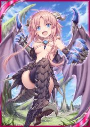 Rule 34 | &gt;:p, 1girl, akkijin, aura, blue eyes, blue sky, breasts, claws, demon girl, demon horns, demon wings, dragon tail, elbow gloves, gem, gloves, horns, medium hair, mountain, official art, outdoors, pink hair, shinkai no valkyrie, sky, small breasts, tail, thighhighs, wings