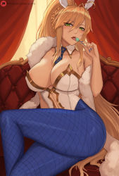 Rule 34 | 1girl, ahoge, animal ears, artoria pendragon (all), artoria pendragon (fate), artoria pendragon (swimsuit ruler) (fate), between breasts, blonde hair, blue nails, blue pantyhose, blush, braid, breasts, candy, cleavage, commission, couch, crossed legs, curtains, detached collar, fake animal ears, fate/grand order, fate (series), fishnets, food, fur scarf, green eyes, hair between eyes, holding, holding candy, holding food, holding lollipop, large breasts, leotard, licking, lollipop, long hair, looking at viewer, lsls, nail polish, necktie, necktie between breasts, pantyhose, playboy bunny, ponytail, rabbit ears, saliva, sidelocks, sitting, solo, thighs, tongue, tongue out, very long hair, white leotard