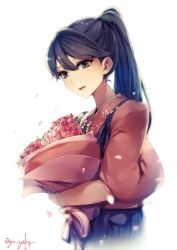 Rule 34 | 10s, 1girl, black eyes, black hair, bouquet, carnation, flower, genyaky, hair between eyes, hair ornament, holding, houshou (kancolle), japanese clothes, kantai collection, kimono, long hair, looking at viewer, mother&#039;s day, ponytail, tasuki