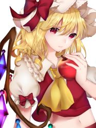 Rule 34 | 1girl, apple, ascot, blonde hair, collared shirt, crystal, flandre scarlet, food, frilled shirt collar, frills, fruit, hat, highres, holding, holding food, holding fruit, midriff, mob cap, navel, one side up, puffy short sleeves, puffy sleeves, red skirt, red vest, rex, shirt, short sleeves, side ponytail, simple background, skirt, stomach, touhou, upper body, vest, white background, white headwear, white shirt, wings, yellow ascot