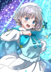 Rule 34 | 1girl, :d, absurdres, arm behind back, blue capelet, blue shirt, blush, bob cut, brown hair, capelet, clenched hand, dancing, earrings, fur-trimmed shirt, fur trim, highres, jewelry, long sleeves, looking at viewer, love live!, love live! superstar!!, multicolored hair, open mouth, purple hair, rinon42600, shirt, short hair, skirt, sleeveless, sleeveless shirt, smile, solo, sparkle, star (symbol), starlight prologue, streaked hair, tang keke, twitter username, white headwear, white shirt, white skirt