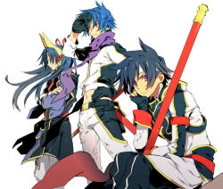 Rule 34 | 3boys, arm up, armband, armor, belt, black gloves, black hair, blue hair, character request, closed mouth, crossed arms, facial mark, fingerless gloves, fingernails, frown, gloves, gradient clothes, hand on own hip, headband, holding, holding staff, holding weapon, long hair, multiple boys, navel, purple eyes, purple scarf, red eyes, red neckwear, scarf, shinrabanshou, simple background, sitting, smile, staff, standing, sumi hei, weapon, white background, white headband