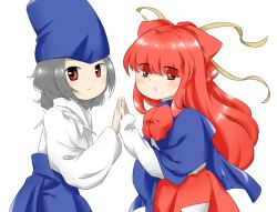 Rule 34 | 1boy, 1girl, blue cape, blue headwear, bow, bowtie, brown horns, cape, eyes visible through hair, grey hair, hair bow, hat, horns, long hair, long sleeves, multiple horns, nonamejd, official style, red bow, red bowtie, red eyes, red hair, shingyoku (female), shingyoku (male), shingyoku (touhou), short hair, simple background, tate eboshi, touhou, touhou (pc-98), white background, zun (style)