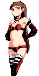 Rule 34 | 1girl, arms behind back, bra, breasts, brown hair, choker, cropped legs, elbow gloves, gauntlets, gloves, groin, horns, idolmaster, idolmaster (classic), jewelry, long hair, lowleg, lowleg panties, minase iori, navel, necklace, panties, red eyes, shimejirou, small breasts, solo, strapless, strapless bra, striped clothes, striped thighhighs, sweatdrop, thighhighs, underwear, underwear only