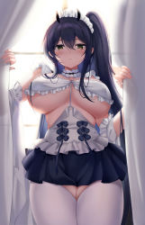 Rule 34 | 1girl, absurdres, azur lane, bad id, bad pixiv id, black hair, breasts, choker, covered erect nipples, curtains, detached sleeves, frilled choker, frills, from below, highres, indomitable (azur lane), indomitable (ms. motivationless maid) (azur lane), large breasts, long hair, maid, maid headdress, miniskirt, official alternate costume, piuta, side ponytail, skirt, thighhighs, underboob, very long hair, white thighhighs, window, yellow eyes, zettai ryouiki