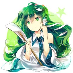 Rule 34 | 1girl, bare shoulders, closed mouth, commentary, detached sleeves, expressionless, flower, frog hair ornament, green eyes, green hair, hair between eyes, hair ornament, hair tubes, head tilt, kochiya sanae, kutsuki kai, long hair, long sleeves, sleeveless, snake hair ornament, solo, star (symbol), touhou, upper body, white background, white flower, wide sleeves, wing collar