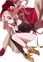 Rule 34 | 1girl, bad id, bad pixiv id, black dress, blonde hair, blush, cape, detached sleeves, dress, earrings, ereshkigal (fate), fate/grand order, fate (series), gold trim, hair ribbon, high heels, jewelry, long hair, misumi (macaroni), red cape, red eyes, ribbon, simple background, single detached sleeve, single thighhigh, tears, thighhighs, white background