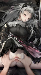 Rule 34 | 1boy, 1girl, absurdres, arknights, bag, bar censor, black gloves, black jacket, black skirt, blush, breasts, censored, chain, closed eyes, cunnilingus, disembodied tongue, earrings, gloves, head wings, hetero, highres, irene (arknights), jacket, jewelry, lifting own clothes, long hair, long sleeves, lying, medium breasts, miniskirt, motion lines, multicolored clothes, multicolored skirt, no pants, nopetroto, on back, oral, planted, planted sword, planted weapon, purple skirt, pussy, scar, scar across eye, scar on face, shoulder bag, silver hair, skirt, solo focus, split, spread legs, spread pussy, sword, very long hair, weapon, white legwear, white skirt, wings