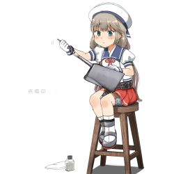 Rule 34 | 1girl, annin musou, bad id, bad twitter id, blush, chair, cleaning, cleaning weapon, gloves, green eyes, grey hair, hat, kantai collection, long hair, low twintails, mikura (kancolle), motion lines, pleated skirt, puffy short sleeves, puffy sleeves, red ribbon, red skirt, ribbon, sailor collar, sailor hat, sailor shirt, school uniform, serafuku, shirt, short sleeves, simple background, sitting, skirt, socks, solo, stool, translation request, turret, twintails, weapon, white background, white gloves, white hat, white shirt, white socks
