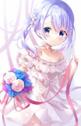 Rule 34 | 1girl, amedamacon, bare shoulders, blue eyes, blue flower, blue hair, blue rose, blush, bouquet, bow, closed mouth, collarbone, commentary request, dress, flower, gochuumon wa usagi desu ka?, hair between eyes, hair bow, hair flower, hair ornament, highres, holding, holding bouquet, kafuu chino, long hair, off-shoulder dress, off shoulder, puffy short sleeves, puffy sleeves, purple flower, purple rose, rose, short sleeves, side ponytail, smile, solo, white bow, white dress, white flower, white rose