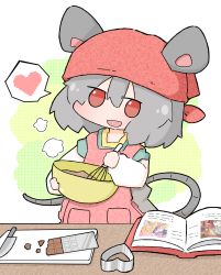 Rule 34 | :d, amakaeru, animal ears, apron, book, chocolate, green background, grey hair, hat, heart, highres, mouse tail, nazrin, open mouth, red hat, smile, solo, speech bubble, spoken heart, tail, touhou