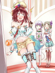 Rule 34 | &gt;:d, 3girls, :d, alt (ctrldel), aqua skirt, arms behind back, atelier (series), atelier firis, atelier sophie, bare shoulders, black gloves, blush, boots, brown eyes, brown hair, brown legwear, collarbone, commentary request, detached sleeves, embarrassed, firis mistlud, flask, flower, frilled legwear, frills, gloves, green eyes, hat, highres, jewelry, jitome, looking at another, multiple girls, navel, necklace, no mouth, no nose, nose blush, open mouth, own hands together, pearl necklace, plachta, pleated skirt, purple hair, round-bottom flask, shoes, shorts, single glove, skirt, smile, sophie neuenmuller, standing, surprised, sweatdrop, thigh boots, thighhighs, v-shaped eyebrows, white footwear, white legwear, wrist cuffs