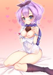 Rule 34 | 1girl, absurdres, azur lane, black thighhighs, blush, boots, bottomless, breasts, brown background, candy, chocolate, chocolate heart, closed mouth, dress, female focus, food, gloves, hairband, harigane shinshi, heart, heart-shaped pupils, highres, holding, holding heart, javelin (azur lane), looking at viewer, looking to the side, medium breasts, nipples, no panties, purple eyes, purple hair, shiny clothes, shiny skin, single glove, sitting, smile, solo, symbol-shaped pupils, thighhighs, wariza, white dress, white gloves