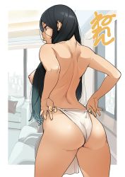 Rule 34 | 1girl, adjusting fundoshi, arched back, ass, back, black hair, blue eyes, breasts, couch, ear piercing, earrings, fingernails, from behind, fundoshi, hair over shoulder, indoors, japanese clothes, jewelry, large breasts, lip piercing, lips, lipstick, living room, long hair, makeup, multiple piercings, nail polish, neone, nipples, original, piercing, solo, standing, topless, yellow lips, yellow nails