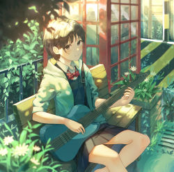 Rule 34 | 1girl, absurdres, aoi aioi, bench, black eyes, black hair, blush, bow, bowtie, closed mouth, commentary request, guitar, highres, holding, holding instrument, instrument, jacket, looking at viewer, phone booth, red bow, red bowtie, revision, scenery, shadow, shirt, short hair, simo (user fshg3833), sitting, sleeves rolled up, smile, solo, sora no aosa o shiru hito yo, white jacket, white shirt