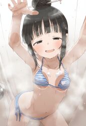 Rule 34 | 1girl, artist request, bikini, black hair, blush, breasts, commentary, english commentary, hair bun, highres, kunoichi tsubaki no mune no uchi, mokuren (kunoichi tsubaki no mune no uchi), non-web source, open mouth, shower (place), showering, small breasts, soap bubbles, solo, striped bikini, striped clothes, swimsuit, tagme