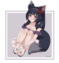 Rule 34 | 1girl, animal ear fluff, animal ears, blunt bangs, blush, breasts, breasts squeezed together, commission, commissioner upload, dress, feet, flower, fox ears, fox girl, fox tail, hands on own feet, highres, knees, legs, medium breasts, mikan (rayer), original, presenting foot, red eyes, red flower, red rose, rose, sandals, signature, slit pupils, smirk, solo, tail, toenails, toes, twintails, vanabette