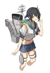Rule 34 | 1girl, adapted costume, bad id, bad twitter id, black hair, blue skirt, blush, cropped legs, feet out of frame, fubuki (kancolle), green eyes, green sailor collar, hair between eyes, highres, kantai collection, machinery, navel, open mouth, oweee, pleated skirt, rigging, sailor collar, school uniform, serafuku, short hair, short ponytail, short sleeves, simple background, skirt, smokestack, solo, white background