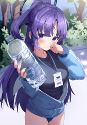 Rule 34 | 1girl, black shirt, blue archive, blue jacket, bottle, closed mouth, highres, holding, holding bottle, jacket, lanyard, long hair, long sleeves, looking at viewer, official alternate costume, outdoors, plastic bottle, ponytail, purple eyes, purple hair, seero, shirt, star sticker, sticker on face, track jacket, water bottle, yuuka (blue archive), yuuka (track) (blue archive)