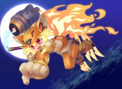 Rule 34 | 1girl, :d, absurdres, blonde hair, cloud, commentary request, commission, fang, fiery tail, full body, full moon, glowing, glowing hair, highres, holding, holding staff, mecha musume, mechanization, moon, moonlight flower, open mouth, ragnarok online, reaching, reaching towards viewer, red eyes, sankuma, second-party source, short hair, skeb commission, smile, solo, staff, tail