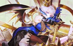 Rule 34 | absurdres, black thighhighs, blue dress, blue gloves, box, breasts, coin, crown, demon wings, dress, elbow gloves, fafnir (masterwork apocalypse), frown, gloves, highres, holding, holding weapon, horns, leaning to the side, looking at viewer, masterwork apocalypse, medium breasts, purple eyes, short hair, silver hair, softmode, solo, thighhighs, weapon, wings