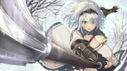 Rule 34 | 1girl, armor, belt, black gloves, blurry, blurry background, braid, branch, breasts, brown belt, chest strap, cleavage, cleavage cutout, clothing cutout, fingerless gloves, gloves, greaves, holding mace, hololive, kiukoma, large breasts, motion blur, shirogane noel, shirogane noel (1st costume), short hair, snowing, tiara, vambraces, virtual youtuber, weapon