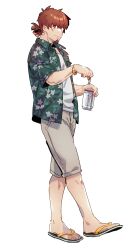 Rule 34 | 1boy, absurdres, beer can, can, cigarette, closed mouth, drink can, facial hair, fate/grand order, fate (series), fingernails, floral print, full body, goatee, gold bracelet, grey eyes, hawaiian shirt, hector (fate), highres, holding, holding can, holding cigarette, imoda, leg hair, male focus, no nose, sandals, shirt, short ponytail, shorts, simple background, smile, standing, white background, white shirt, white shorts