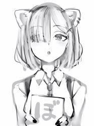 Rule 34 | :o, animal ears, bad id, bad pixiv id, bob cut, brooch, collared shirt, earrings, fingernails, greyscale, hair over one eye, highres, holding, holding sign, hololive, jewelry, lion ears, looking at viewer, medium hair, monochrome, nail polish, nanashi (nlo), official alternate costume, one eye covered, pointy ears, shirt, shishiro botan, shishiro botan (button-down), short hair, sign, simple background, solo, virtual youtuber, white background, wing collar