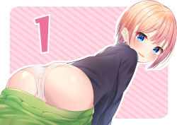Rule 34 | 1girl, absurdres, ass, back, bent over, blue eyes, blush, border, cardigan, clothes pull, unworn clothes, cowboy shot, eyes visible through hair, from behind, go-toubun no hanayome, green skirt, hair between eyes, highres, long sleeves, looking at viewer, looking back, nakano ichika, nari (narikashi), open mouth, outline, outside border, panties, pantyshot, patterned background, pleated skirt, purple shirt, red hair, shirt, short hair, sidelocks, skirt, unworn skirt, smile, solo, underwear, undressing, white outline, white panties