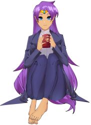 Rule 34 | 1girl, absurdres, barefoot, blue eyes, blue jacket, closed mouth, cup, dark skin, dark-skinned female, denim, earrings, feet, female focus, full body, hair down, highres, holding, holding cup, jacket, jeans, jewelry, legs, long hair, looking at viewer, open clothes, open jacket, pants, pointy ears, purple hair, ribbed sweater, ryougai710, shantae, shantae (series), simple background, smile, solo, sweater, thighs, tiara, toes, turtleneck, turtleneck sweater, very long hair, white background, white sweater