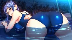 Rule 34 | 1girl, anim mother &amp; wife, ass, back, bare shoulders, bent over, blue hair, blush, breasts, covered erect nipples, from behind, game cg, glasses, hair up, hozumi kaoru, huge breasts, itsu made mo musuko no mama ja irarenai! 2, legs, long hair, looking back, night, partially submerged, pool, shiny clothes, smile, swimsuit, thighs, water, wet, yellow eyes